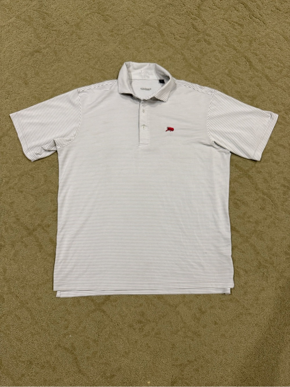 Perlis Striped White & Gray Polo with Red Logo Embroidery